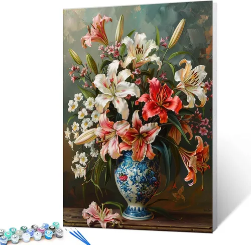 Miniatura 15 de Tucocoo Kit de pintura de lavanda por números con pinceles y pigmento acrílico sobre lienzo para adultos, diseño rústico de ventanas, arte floral