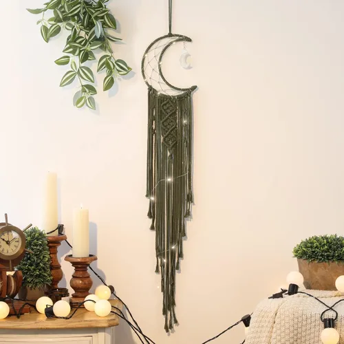 Miniatura 15 de ANROYE Colgante de pared tejido de macramé bohemio, crochet, luna creciente, estrella, atrapasueños con borla larga, algodón verde, hecho a mano