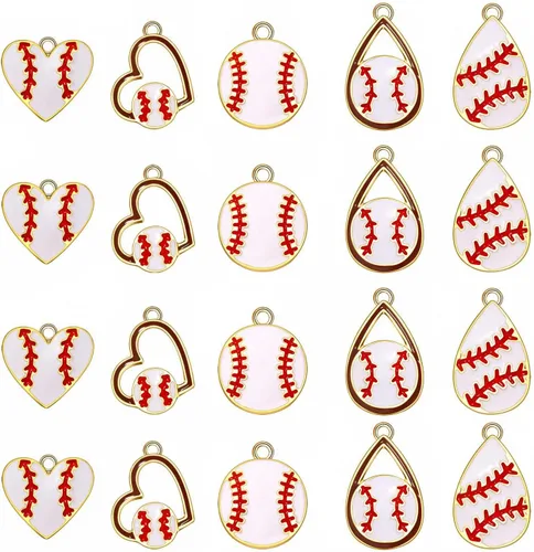 20 piezas de dijes deportivos de esmalte, colgantes de baloncesto y béisbol para hacer joyas, dijes de juego de pelota con strass, dijes de softball