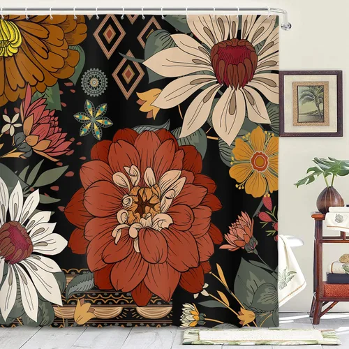 Cortina de ducha con diseño floral retro, diseño bohemio abstracto, diseño botánico abstracto, moderno y estético, moderno de mediados de siglo,