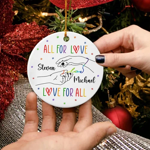 Miniatura 3 de All for Love - Adorno de cerámica LGBT arcoíris para Navidad 2025, adorno de Navidad personalizado para parejas, orgullo gay/lesbiano, adorno