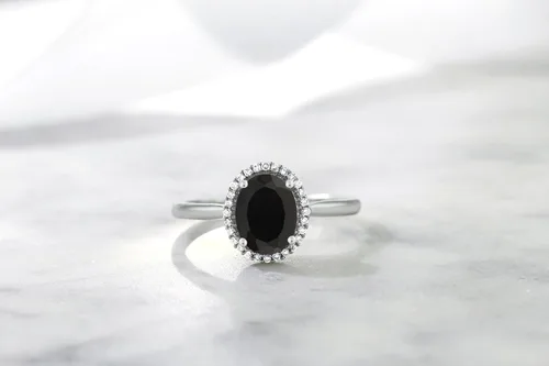 Miniatura 5 de Gem Stone King Anillo de compromiso con halo de oro blanco de 10 quilates y ónix negro y diamante para mujer