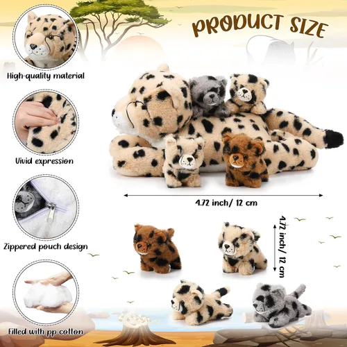 Miniatura 2 de Silipull Juego de 5 piezas de animales de peluche de guepardo grande con 4 cachorros suaves en su barriga para niños y niñas, regalos de cumpleaños