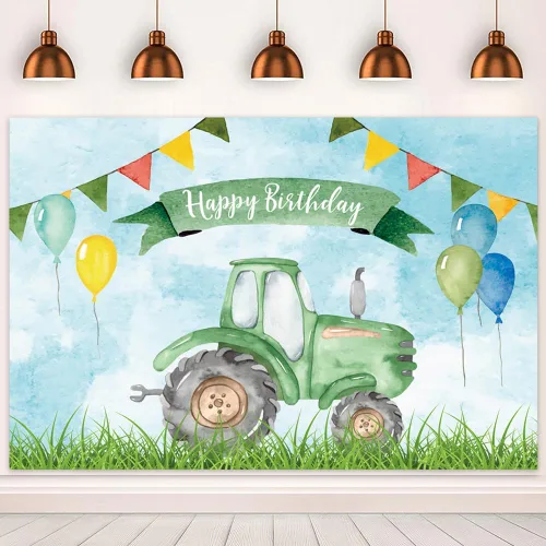 Telón de fondo de cumpleaños de tractor verde de granja de 5 x 3 pies para decoración de fiesta de cumpleaños de niños, fondo de fotografía, globo