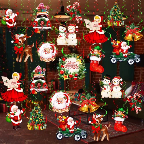 Sumind 30 piezas de decoraciones colgantes de techo de Papá Noel de Navidad, decoraciones de remolino de Feliz Navidad, juego de decoración colgante