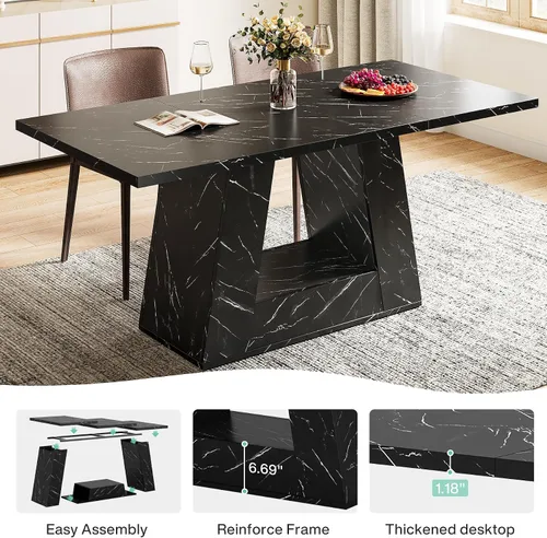 Miniatura 5 de Mesa de comedor Tribesigns para 4 a 6 personas, mesa rectangular de 63" para comedor, mesa moderna de madera con falso mármol para cenas con base