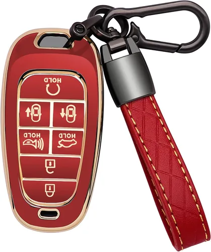 Miniatura 10 de Funda para llavero Hyundai de 7 botones con llavero de cuero, TPU suave, protección de 360 grados, funda para llave de automóvil, compatible con D
