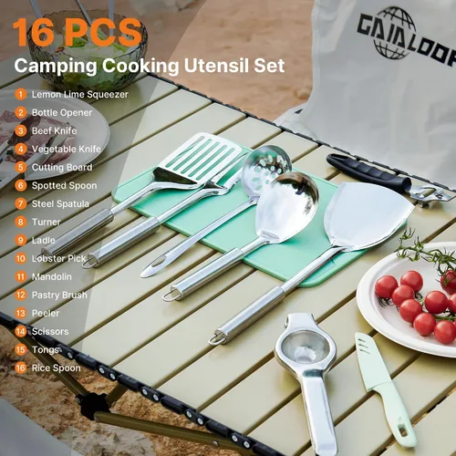 Miniatura 2 de Gaialoop Juego Portátil de Utensilios de Cocina para Acampar, Equipo de Cocina de Campamento y de Fogata, Esenciales para RV, Accesorios Imperdibles