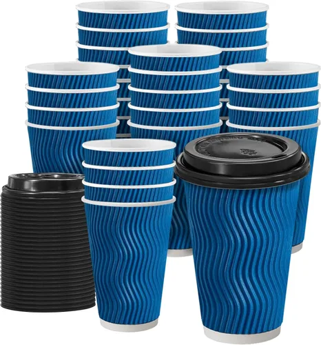Miniatura 11 de Clawsoff Paquete de 100 tazas de café con tapas, de 8 onzas, desechables, aisladas, onduladas, para bebidas frías/calientes, oficina, hogar, tienda