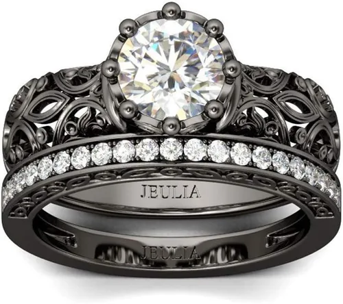 Jeulia Juego de anillos de boda de plata de ley 925 de 2.5 quilates de corte redondo, anillos de boda vintage con circonita cúbica, anillos de