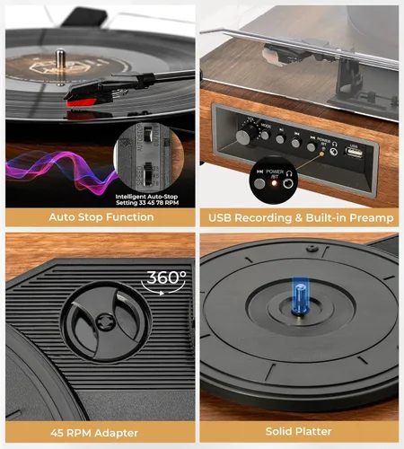 Miniatura 8 de Vangoa Tocadiscos de vinilo con altavoces externos, tocadiscos de 3 velocidades por correa para discos de vinilo, reproductores LP portátiles