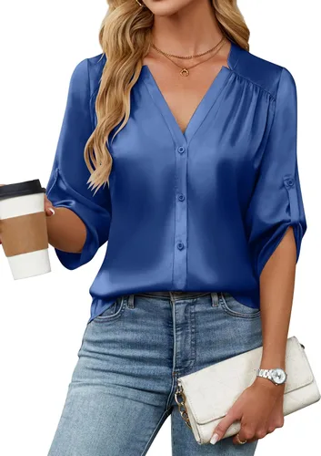 Miniatura 14 de Blooming Jelly Camisas con botones para mujer de manga 3/4, tops casuales elegantes, blusas de negocios de satén de seda plisado 2025