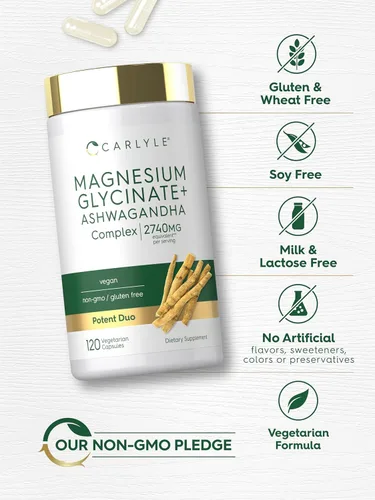 Miniatura 5 de Carlyle - Magnesio Glicinato con Ashwagandha Complejo de 2,740 mg 120 cápsulas vegetarianas Dúo potente Suplemento sin OMG y sin gluten