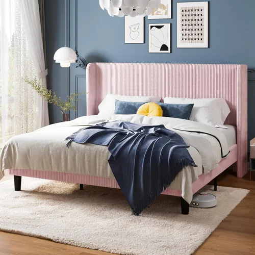 Miniatura 16 de Allewie - Base de cama tamaño Queen con cabecera tapizada de ala de respaldo, plataforma de cama de terciopelo corduroy acolchado con diseño Negro