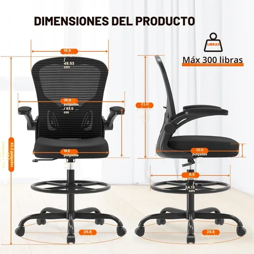 Miniatura 3 de Silla de Dibujo Ergonómica, Silla de Oficina Alta con Reposabrazos Abatibles, Silla de Escritorio Alta de Malla Transpirable con Soporte Lumbar