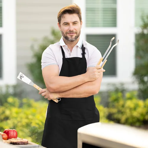 Miniatura 3 de Adjustable Bib Apron 100% Polyester Kitchen Aprons Waterdrop Resistant Aprons with Adjustable Strap, Pockets & Long Ties Negro