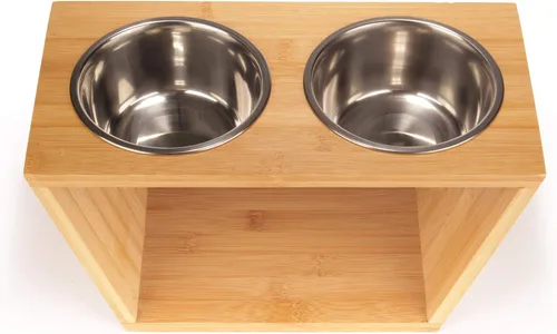 Miniatura 2 de BambooMN Comedero elevado para perros, soporte 100% bambú, 4 cuencos de metal para comida y agua, mediano