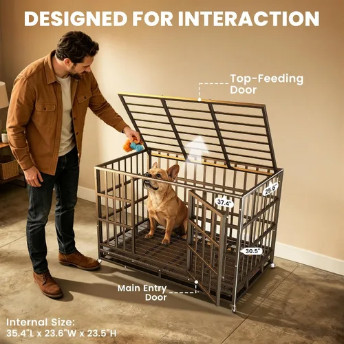 Miniatura 7 de Hiwokk Jaula para perros de 38 pulgadas, perrera indestructible a prueba de escapes para perros grandes de alta ansiedad, jaula de metal fuerte