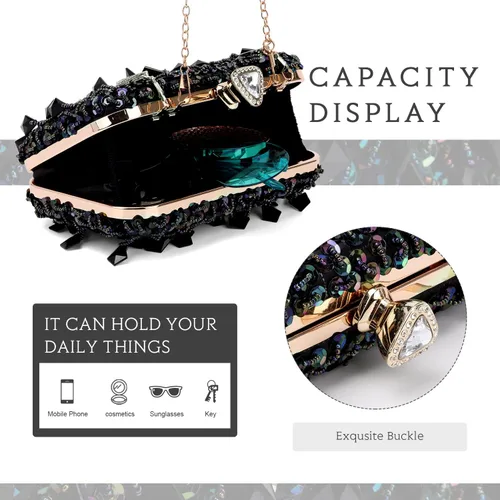 Miniatura 4 de Oweisong Bolso de mujer con diamantes de imitación de cristal negro para boda, bolso de hombro con cuentas de diamantes brillantes para graduación