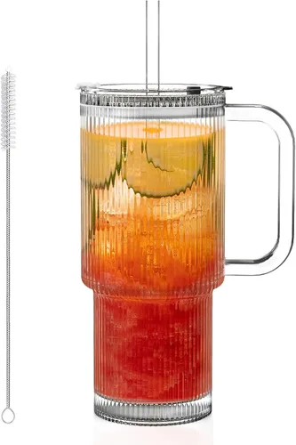 Miniatura 10 de KEMORELA Paquete de 2 vasos de vidrio acanalado de 26 onzas con asa y tapa, grandes tazas de café helado estéticas con pajitas, tazas de vidrio