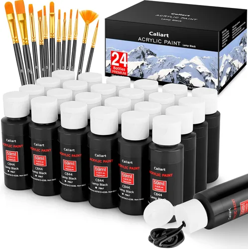 Miniatura 12 de Caliart Juego de pintura acrílica de 24 colores, botellas grandes de 4 onzas / 4.1 fl oz con 12 pinceles, kit de pintura artesanal para adultos