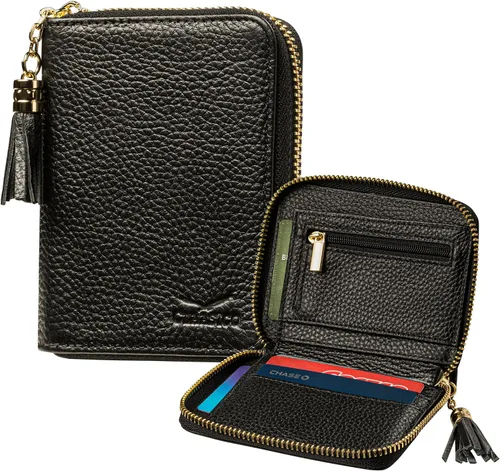 Claasico Cartera Bifold para mujer con bloqueo RFID | Cartera de piel auténtica con cremallera y bolsillo para monedas para mujer | Elegante soporte