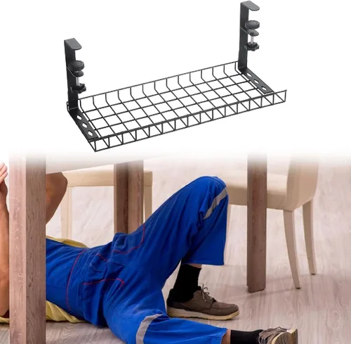 Miniatura 4 de Bandeja de organización de cables para debajo del escritorio, canal de cables ajustable de acero al carbono, instalación sin taladro, 13.78 x 7.28 x