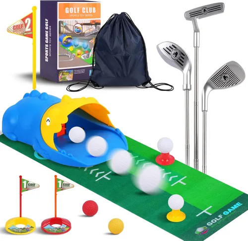 PINKPEACH Juego de golf para niños pequeños, 3-8 con retorno automático de bola, alfombra, bolas brillantes, pelotas, 3 palos y camisetas, juguetes