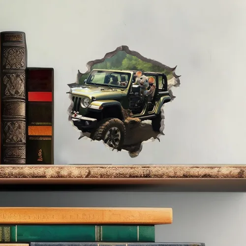 Miniatura 2 de My Wonderful Walls Jeep Wrangler Mouse in Mouse Hole - Adhesivo de pared 3D de vinilo verde con diseño de dibujos animados para paredes, vidrio