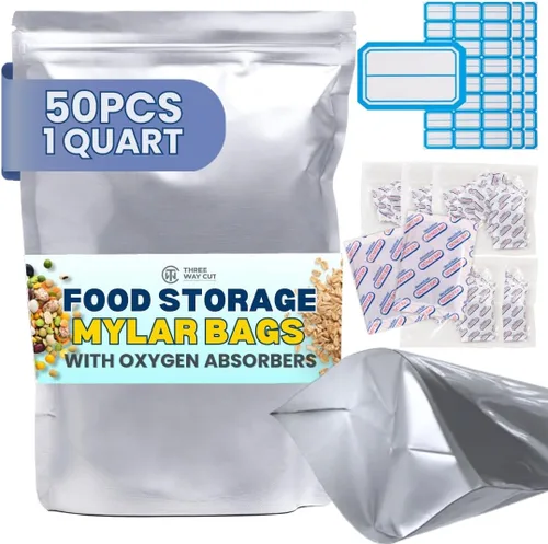 50 bolsas de Mylar de cuarto de galón para almacenamiento de alimentos, bolsas de Mylar de 0.394 in de grosor, 7 x 10 pulgadas, con absorbentes de
