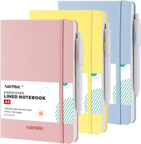 Miniatura 28 de Paquete de 3 cuadernos rayados con bolígrafo, cuadernos A5 (5.7 x 8.4 pulgadas) de tapa dura de cuero para mujeres y hombres, trabajo, 160 páginas