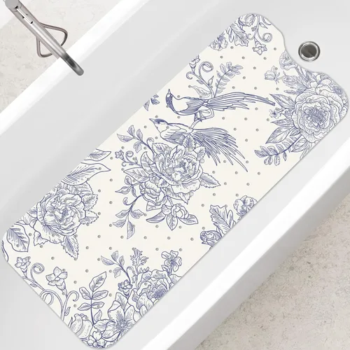 Miniatura 8 de SHUCHING - Alfombra de baño antideslizante azul para bañera de 40 x 16 pulgadas, estilo bohemio Tapete de bañera para ancianos sin moho, tapete