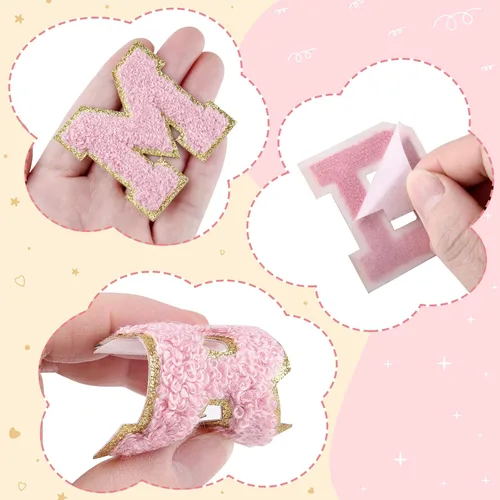 Miniatura 3 de Morcheiong 52 parches de letras de felpilla autoadhesivas de la A a la Z, letras de felpilla para ropa, tela, zapatos y bolsas (rosa claro)