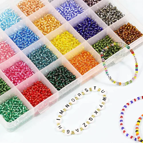 Miniatura 4 de Bala&Fillic 8/0 cuentas de semillas de vidrio transparente con forro plateado, alrededor de 7200 piezas en caja, 24 cuentas de semillas multicolor