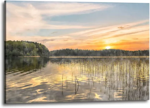 Miniatura 7 de Inpraradiso - Lienzo de Arte de Pared de Naturaleza: Cuadro Panorámico de Paisaje de Lago de Montaña, Árboles del Bosque, Impresión Artística