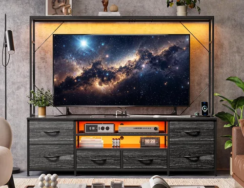 Romorgniz Centro de entretenimiento de 55 pulgadas de ancho con luces LED y tomas de corriente, soporte de TV con 6 cajones para TV de 55/60 Negro