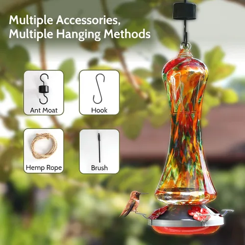 Miniatura 4 de Comedero de vidrio para colibríes para exteriores: regalo de colibríes naranjas para colgar en ventana para mujeres, foso de hormigas incluido, base