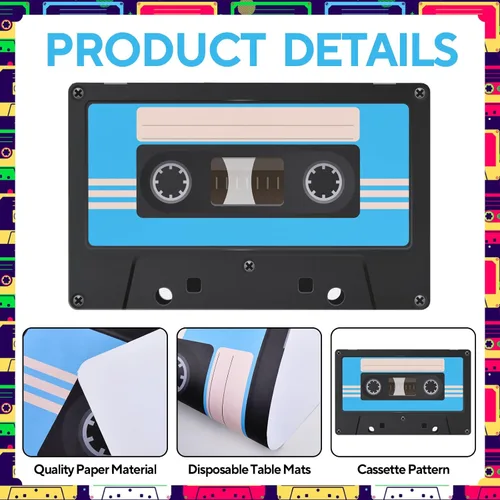 Miniatura 4 de Paquete de 48 manteles individuales de papel de cassette para fiestas de los años 80, manteles individuales decorativos para fiestas de hip-hop