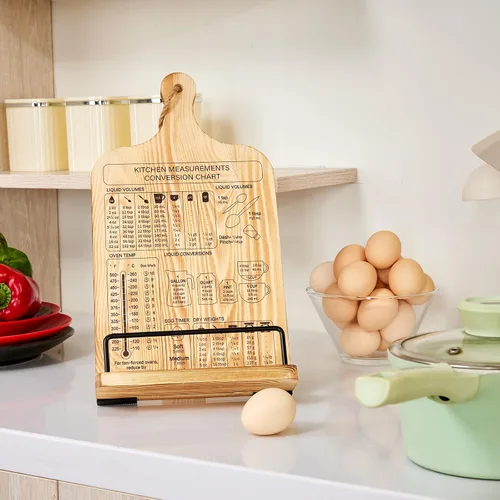 Miniatura 6 de Housejoy Soporte de madera para libros de cocina con 2 delantales, soporte ajustable para encimera de cocina, soporte de madera resistente con tabla