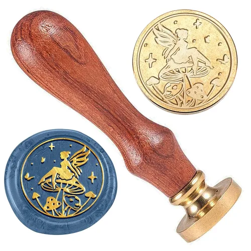 Sello de sellado de cera de hongo de hada, 1 pulgada, diseño de ángel, cabeza de sello de cera extraíble de latón con mango de madera para boda,
