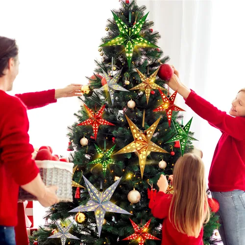 Miniatura 5 de Hortsun Juego de 20 faroles de papel de Navidad con forma de estrella, 2 tamaños, 17.7 y 11.8 pulgadas, adornos colgantes de Navidad, pantalla 3D