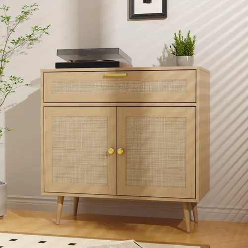 Miniatura 4 de Furnify Aparador de ratán buffet, armario de cocina bohemio con cajón y 2 puertas, armario moderno de mediados de siglo con estante ajustable, barra