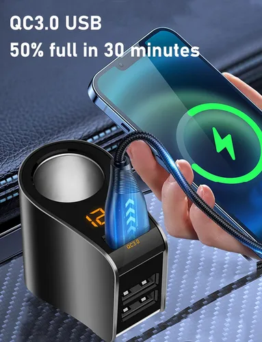 Miniatura 2 de LIHAN Cargador de coche con 3 USB, salida QC3.0, adaptador para encendedor de cigarrillos, enchufe de salida de 12 V/24 V, medidor de voltaje