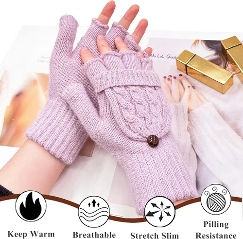 Miniatura 80 de Beurlike Guantes de invierno para mujer, de lana cálida, a prueba de viento, convertibles, sin dedos