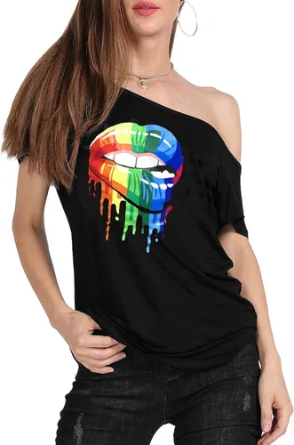 Miniatura 3 de MAGICMK - Camiseta casual para mujer, con estampado de labios y hombro descubierto, talla extragrande