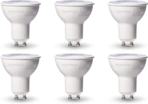 Amazon Basics - Bombilla LED MR16, equivalente a 50 vatios, 7 vatios de eficiencia energética, base GU10, blanco cálido 3000K, regulable, vida útil