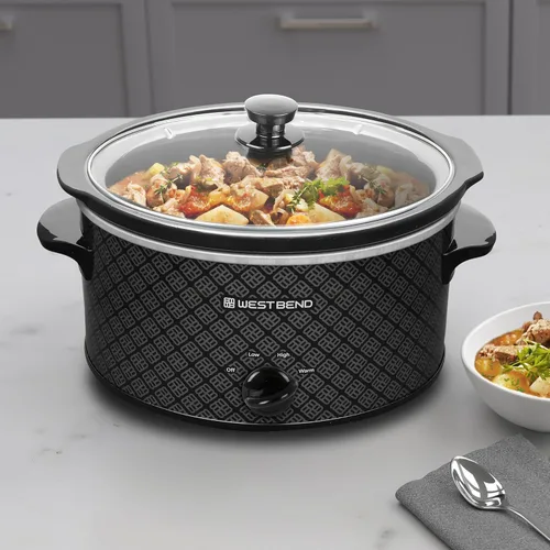 Miniatura 2 de Olla de cocción lenta West Bend de 4 cuartos manual estilo cerámica con olla de cerámica ovalada apta para lavavajillas y tapa de vidrio, dos