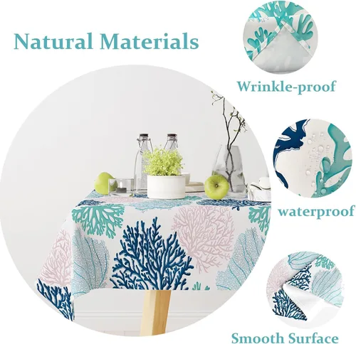 Miniatura 6 de Mantel rectangular náutico costero con estampado de coral, diseño de playa, decorativo impermeable para comedor al aire libre, cocina, sala