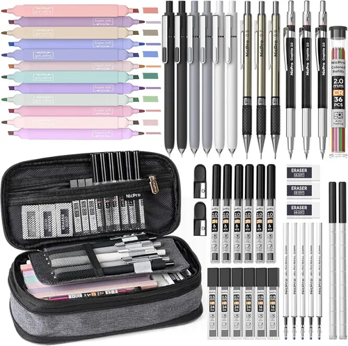Nicpro Juego de 50 artículos escolares con estuche para lápices, 6 bolígrafos de gel y recargas, 12 resaltadores, 6 lápices mecánicos artísticos, 12