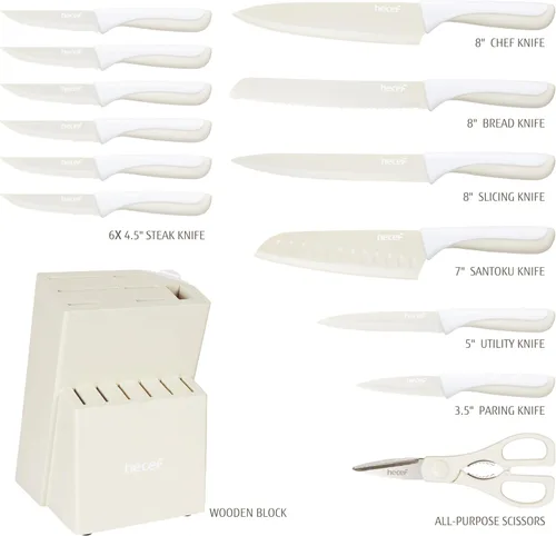 Miniatura 2 de hecef Juego de 15 piezas de cuchillos de cocina con bloque de afilado de madera incorporado, apto para lavavajillas, juego de bloque de cuchillos